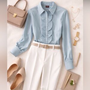 Talbots ruffle fan Light Blue scalloped pleated Button down Shirt blouse NEW NWT